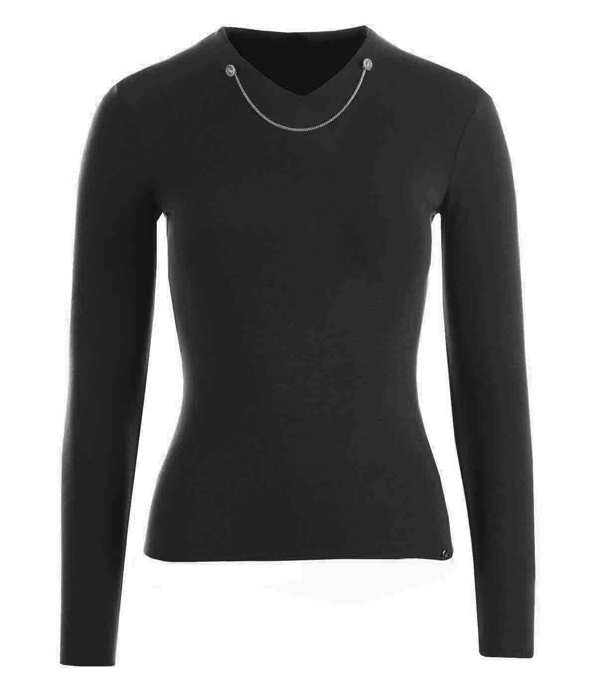 Viscose and acrylic blouse with long sleeves and decorative chain on the neckline 0